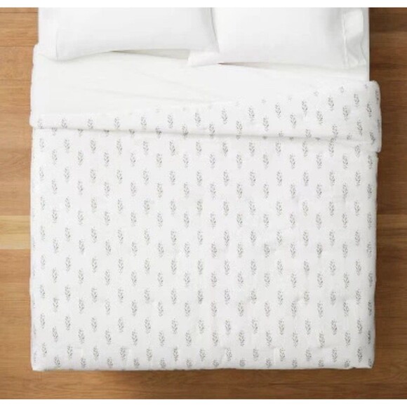 Queen Lofty Cotton Slub Wood Block Floral Quilt WhiteThreshold Studio McGee - Picture 2 of 8